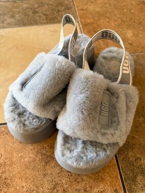 UGG Gray Fluff Yeah Shearling Slide Sandals with Logo Sling